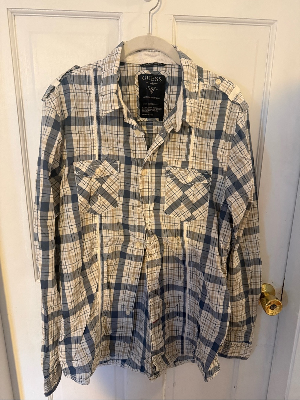 Y2K GUESS Men’s Blue and White Plaid Button-Down Shirt